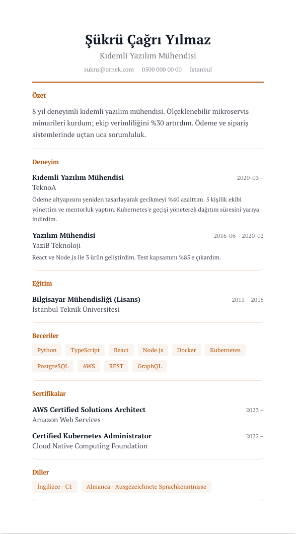 Akademik Künye CV şablonu - alternatif vurgu rengiyle