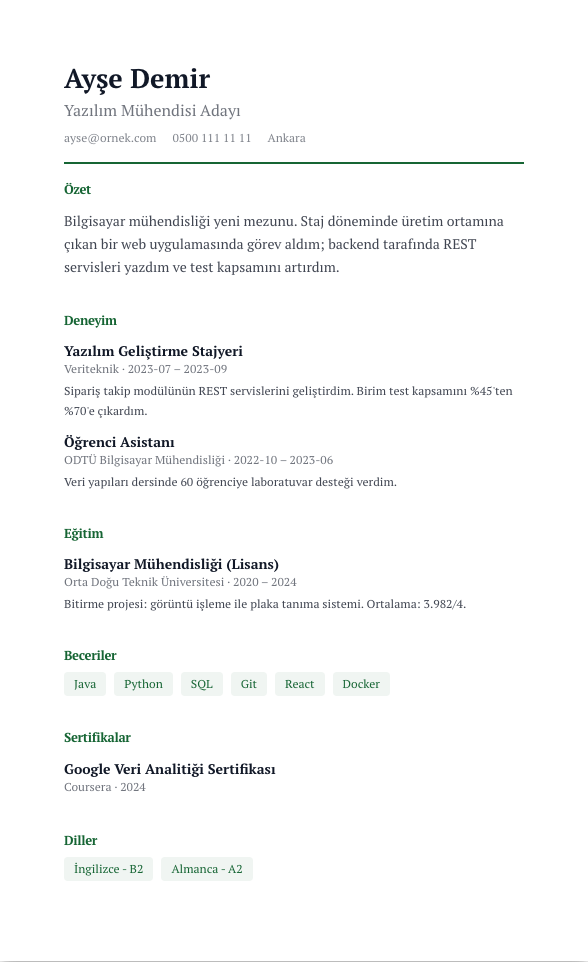 Anlatı CV şablonu - yeni mezun CV'si örneğiyle