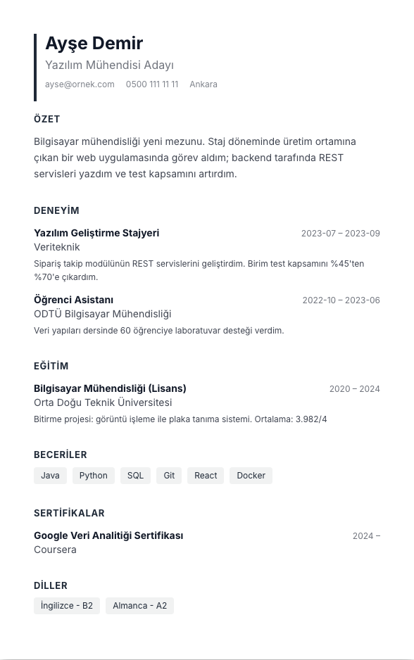 Antrasit Blok CV şablonu - yeni mezun CV'si örneğiyle