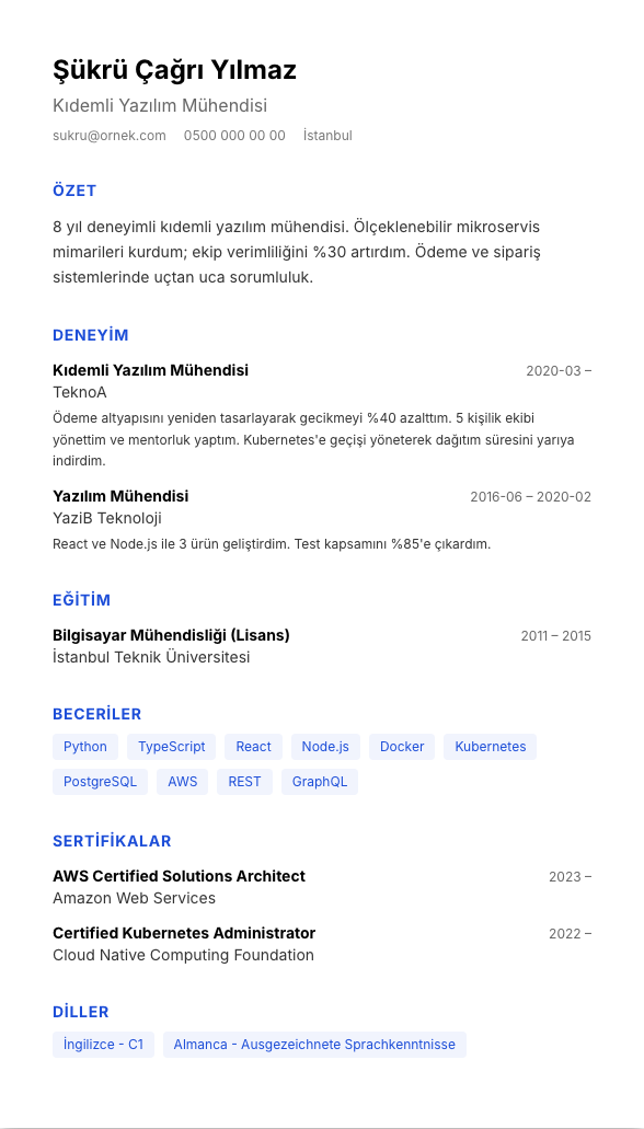 ATS Sade TR CV şablonu - alternatif vurgu rengiyle