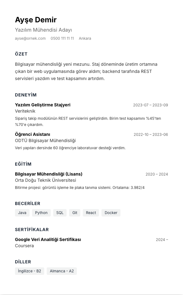 ATS Sade TR CV şablonu - yeni mezun CV'si örneğiyle