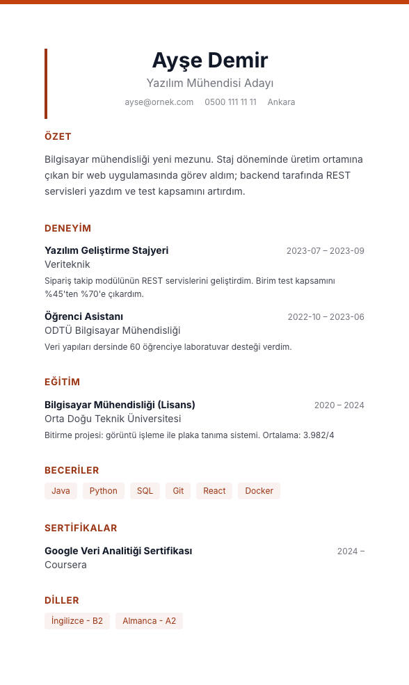 Bakır Yönetici CV şablonu - yeni mezun CV'si örneğiyle