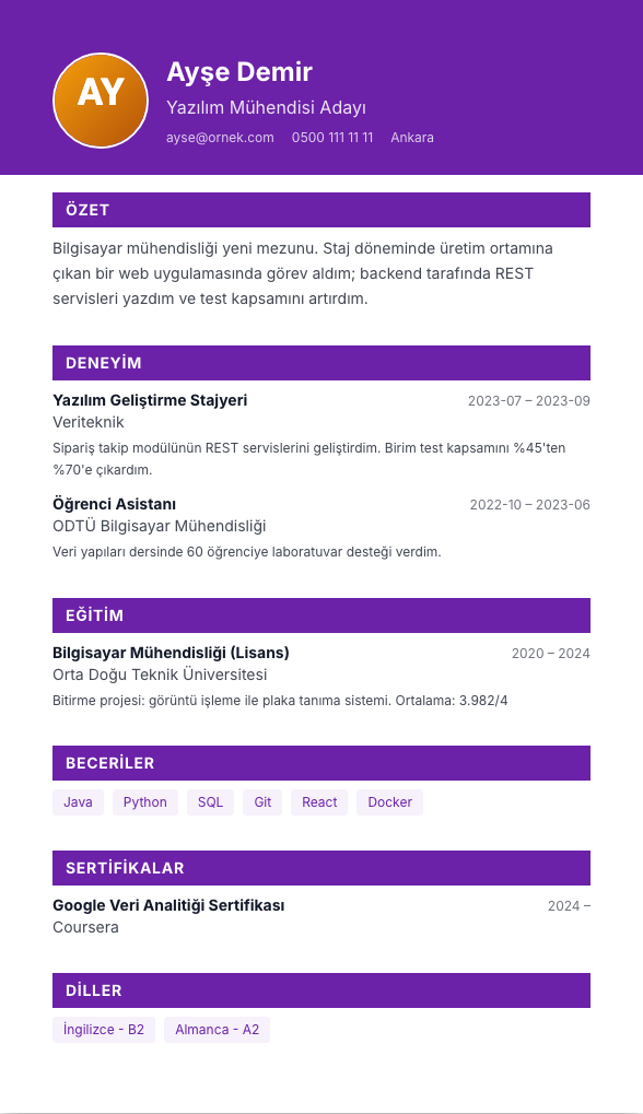 Banner Foto TR CV şablonu - yeni mezun CV'si örneğiyle