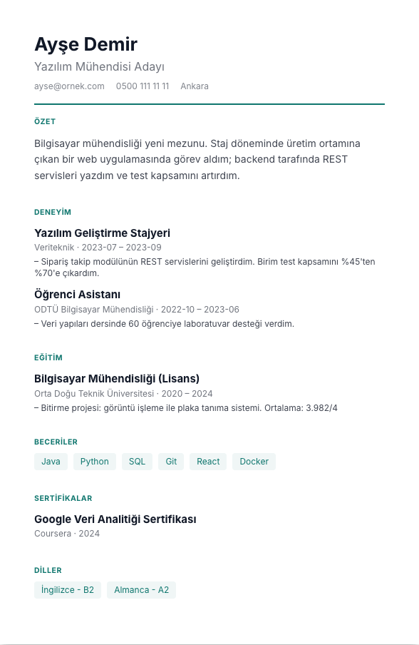 Başarı Odaklı CV şablonu - yeni mezun CV'si örneğiyle