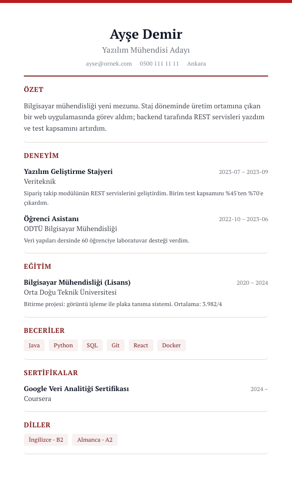 Bordo Vurgu CV şablonu - yeni mezun CV'si örneğiyle