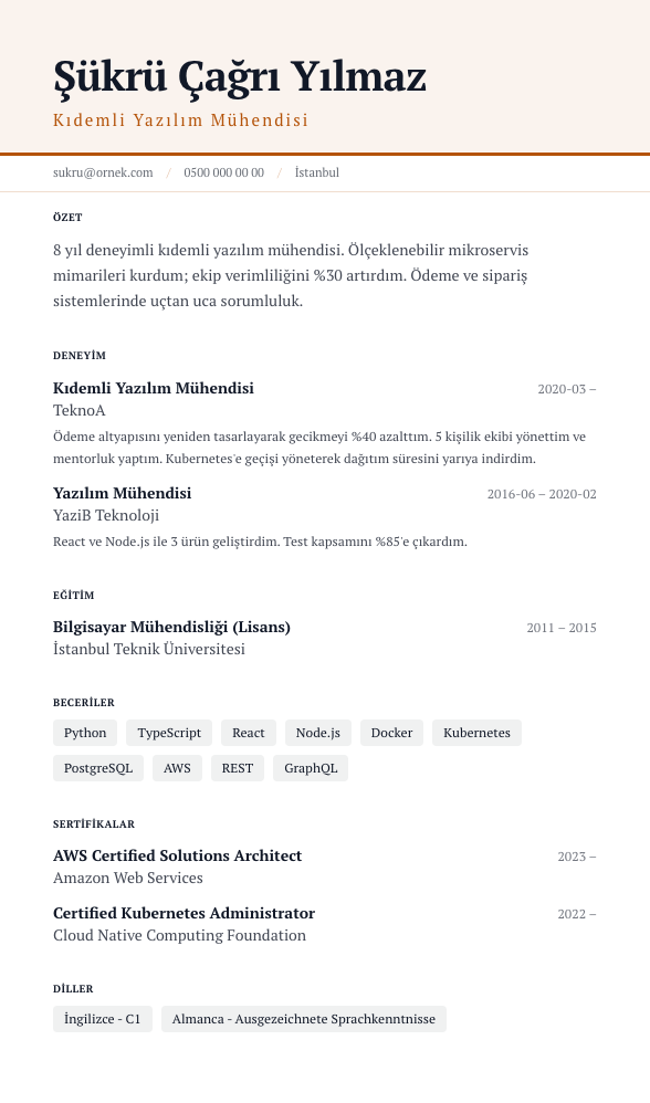 Büyük Başlık CV şablonu önizlemesi - Poster ölçeğinde isim bloğu, gazete yoğunluğunda gövde - iddialı açılış, sıkışık içerik