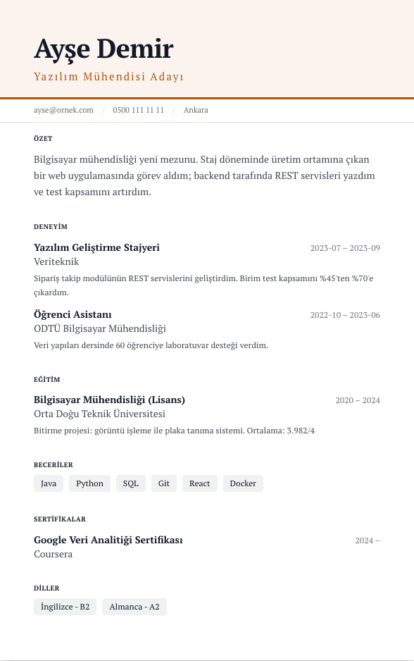 Büyük Başlık CV şablonu - yeni mezun CV'si örneğiyle