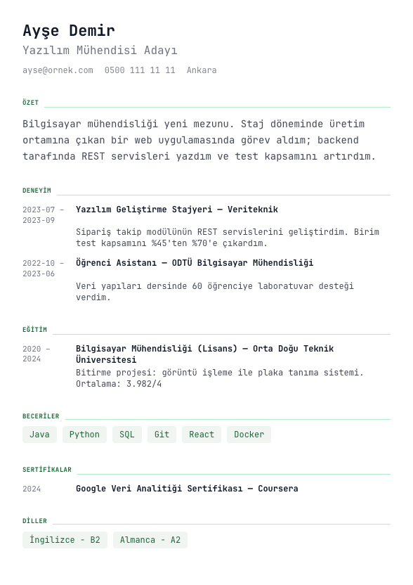 Değişiklik Günlüğü CV şablonu - yeni mezun CV'si örneğiyle
