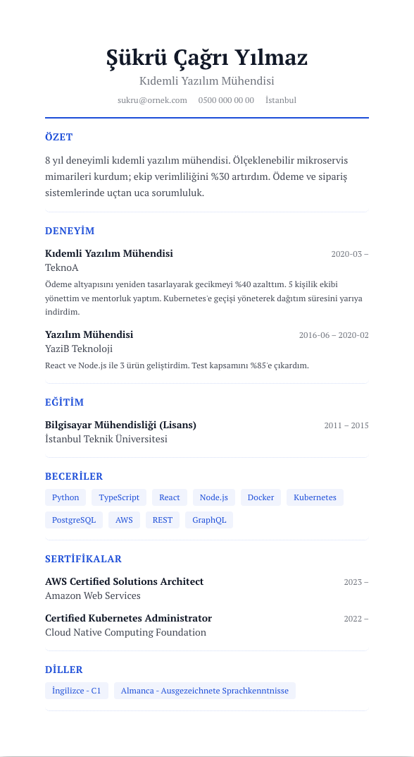 Editorial Serif CV şablonu - alternatif vurgu rengiyle