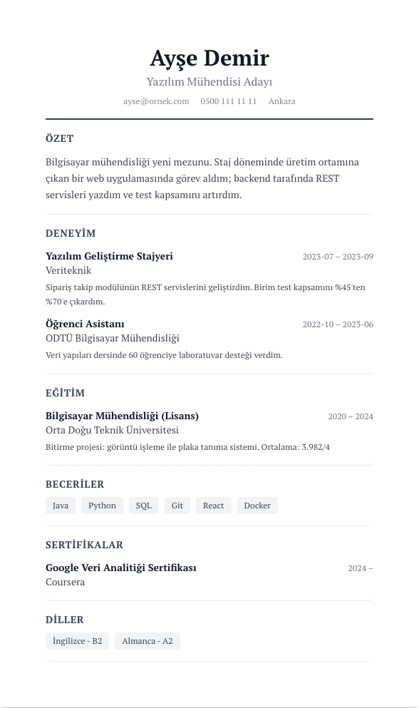 Editorial Serif CV şablonu - yeni mezun CV'si örneğiyle