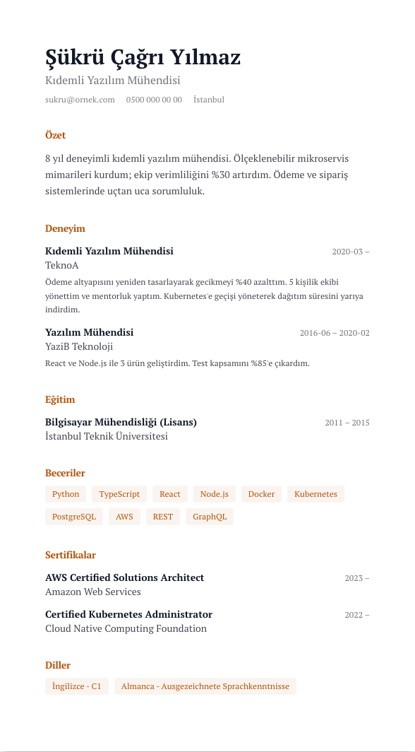 Editöryel Serif CV şablonu - alternatif vurgu rengiyle