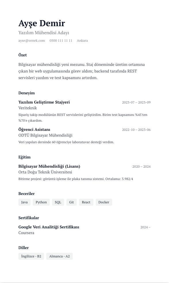 Editöryel Serif CV şablonu - yeni mezun CV'si örneğiyle