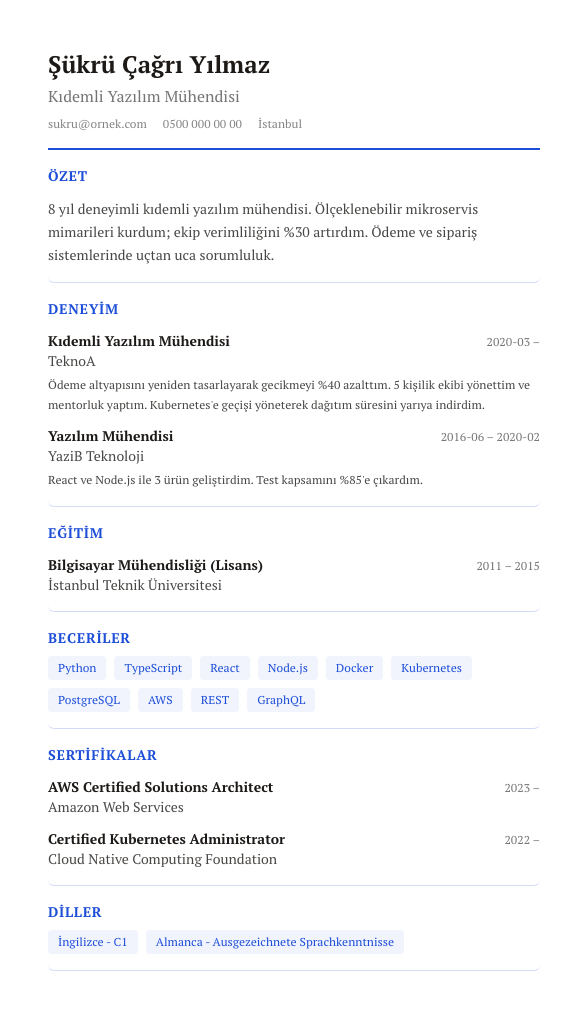 Zarif Serif CV şablonu - alternatif vurgu rengiyle