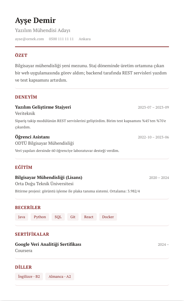 Zarif Serif CV şablonu - yeni mezun CV'si örneğiyle