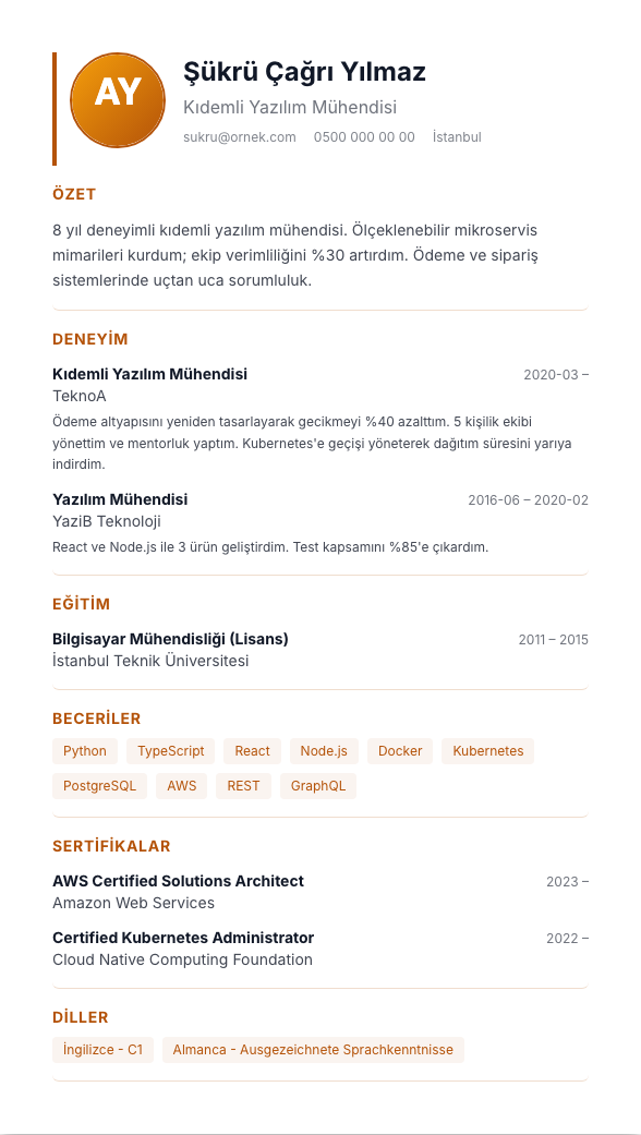Europass Foto CV şablonu - alternatif vurgu rengiyle