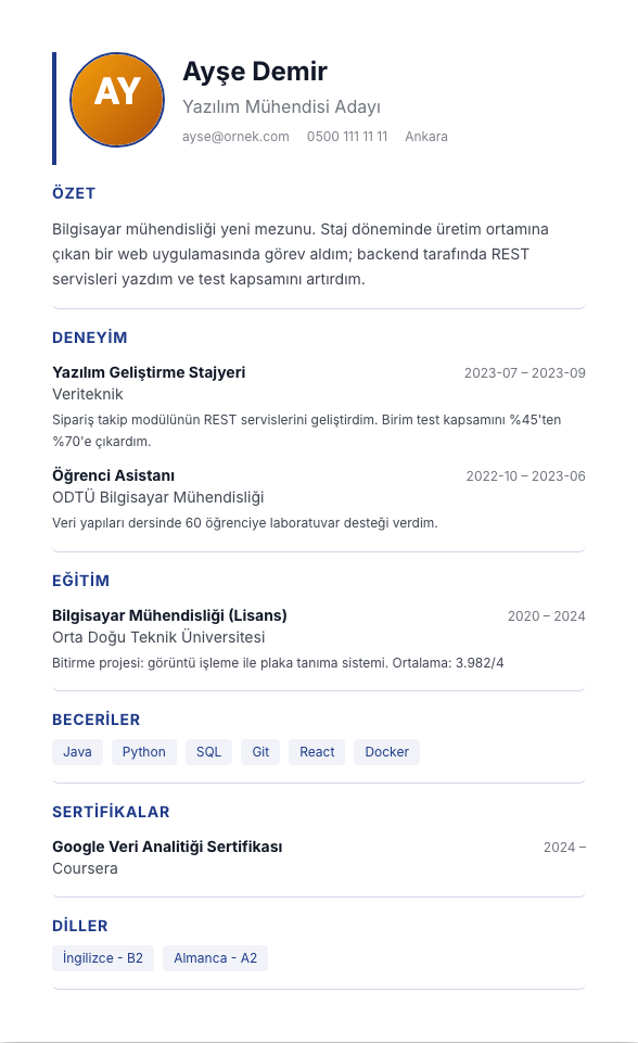 Europass Foto CV şablonu - yeni mezun CV'si örneğiyle