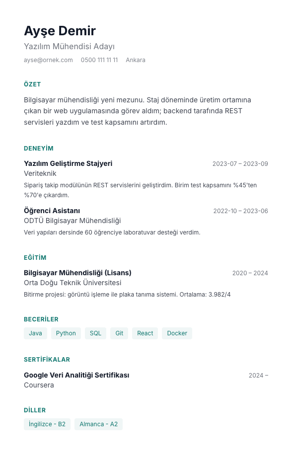 Filiz CV şablonu - yeni mezun CV'si örneğiyle
