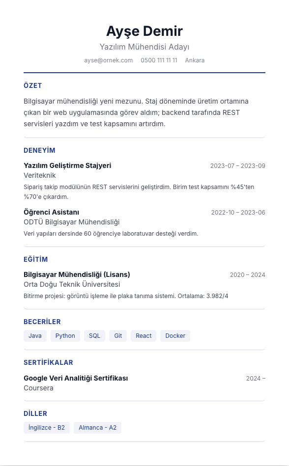 Finans Kurumsal CV şablonu - yeni mezun CV'si örneğiyle
