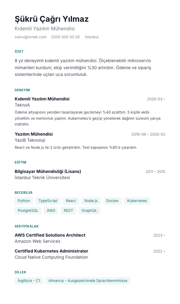 Fonksiyonel CV şablonu - alternatif vurgu rengiyle