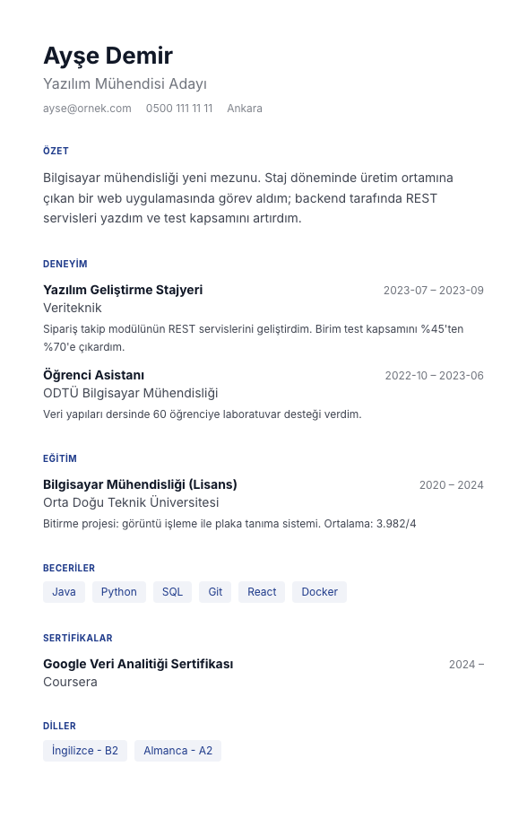 Fonksiyonel CV şablonu - yeni mezun CV'si örneğiyle