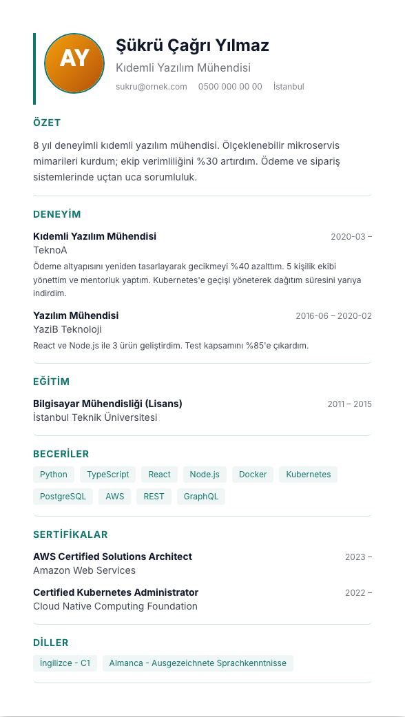 Foto Klasik TR CV şablonu - alternatif vurgu rengiyle