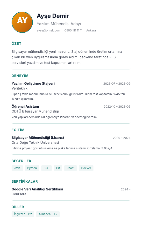 Foto Modern INTL CV şablonu - yeni mezun CV'si örneğiyle