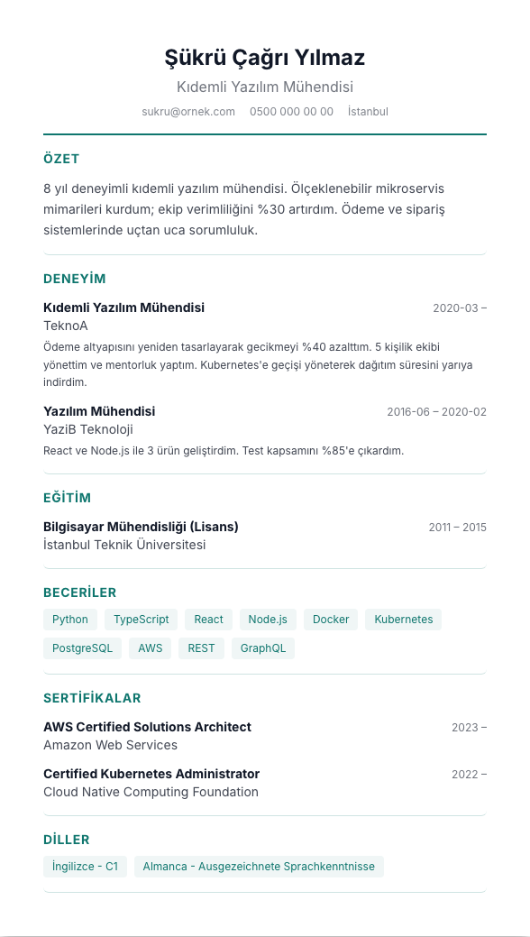 Foto Orta TR CV şablonu - fotoğrafsız kullanımıyla