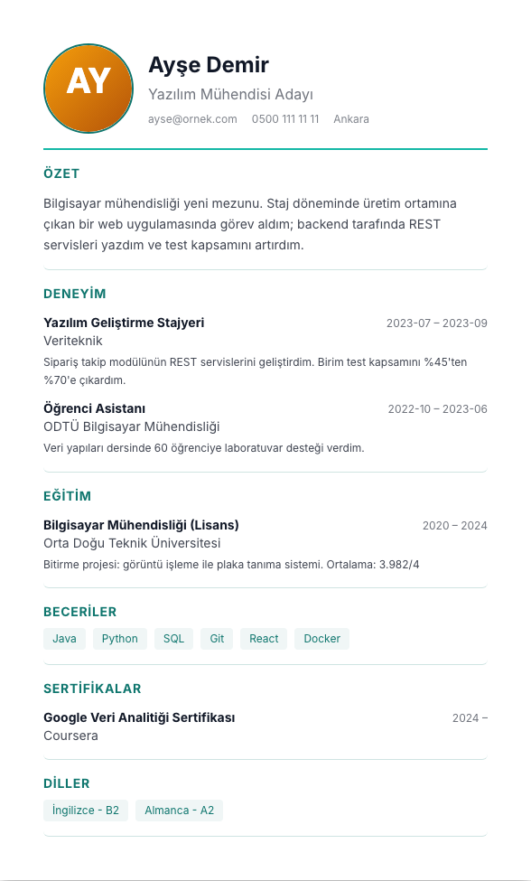 Foto Orta TR CV şablonu - yeni mezun CV'si örneğiyle