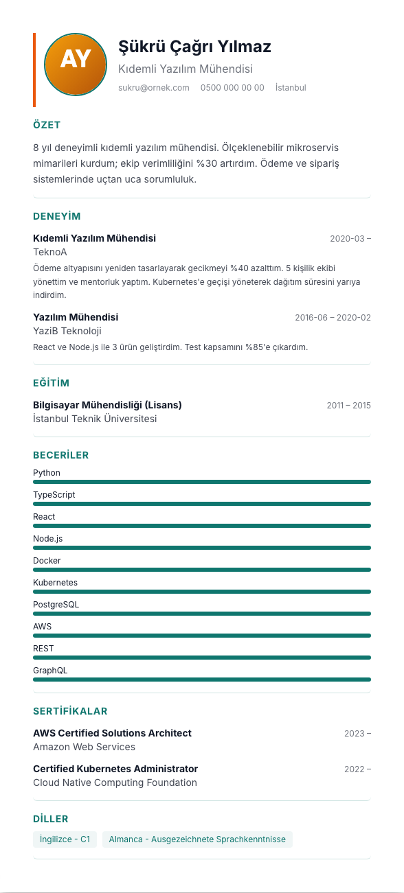 Gastronomi & Hizmet CV şablonu - alternatif vurgu rengiyle