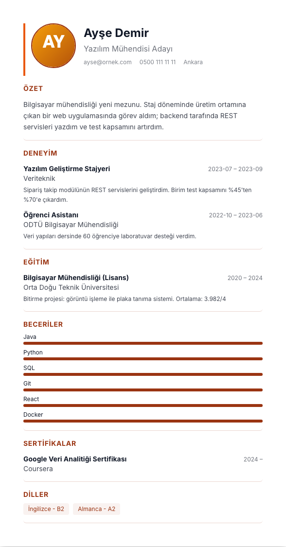 Gastronomi & Hizmet CV şablonu - yeni mezun CV'si örneğiyle