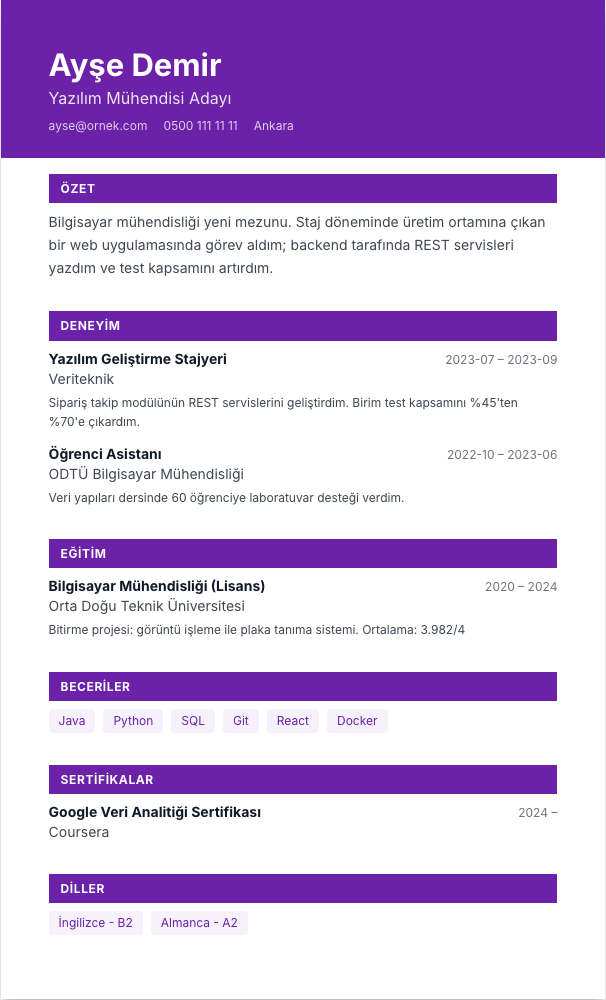 Gece Lansmanı CV şablonu - yeni mezun CV'si örneğiyle