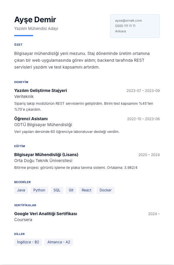 Güçlü Yönler CV şablonu - yeni mezun CV'si örneğiyle