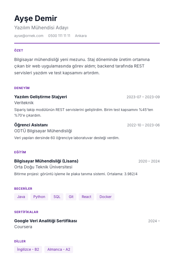 Hibrit Envanter CV şablonu - yeni mezun CV'si örneğiyle