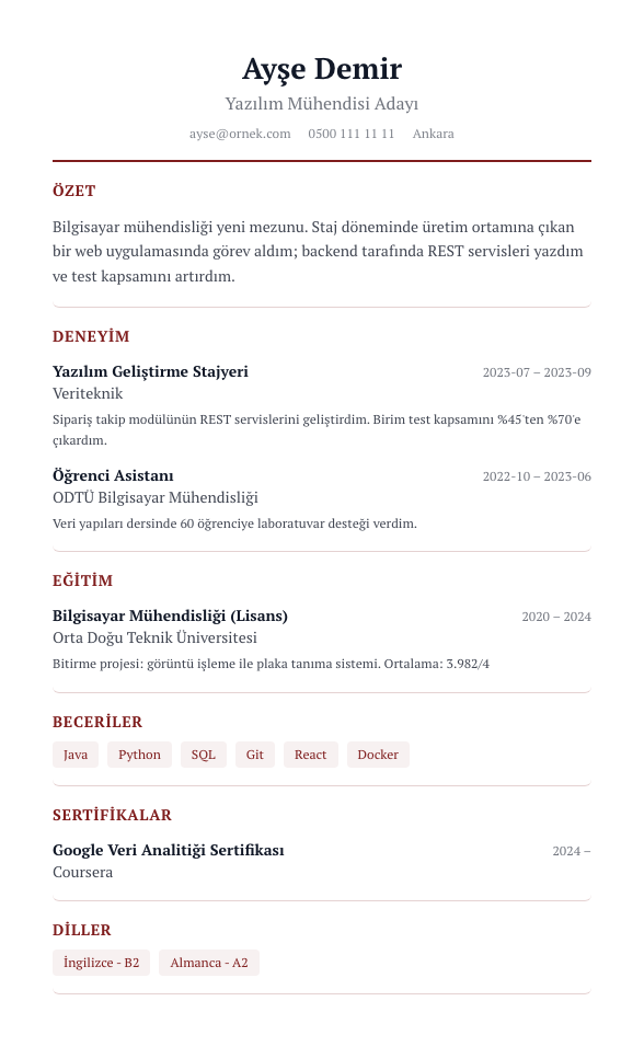 Hukuk CV şablonu - yeni mezun CV'si örneğiyle