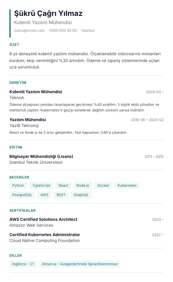 İlk Adım CV şablonu - alternatif vurgu rengiyle