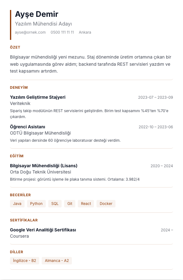İlk Adım CV şablonu - yeni mezun CV'si örneğiyle