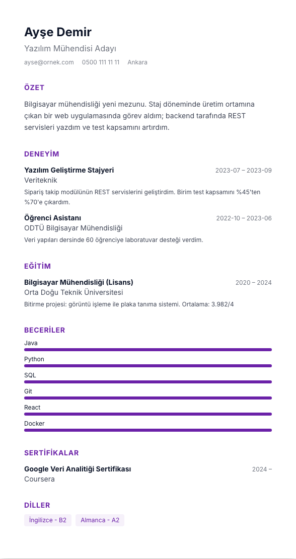 İnfografik Hafif CV şablonu - yeni mezun CV'si örneğiyle