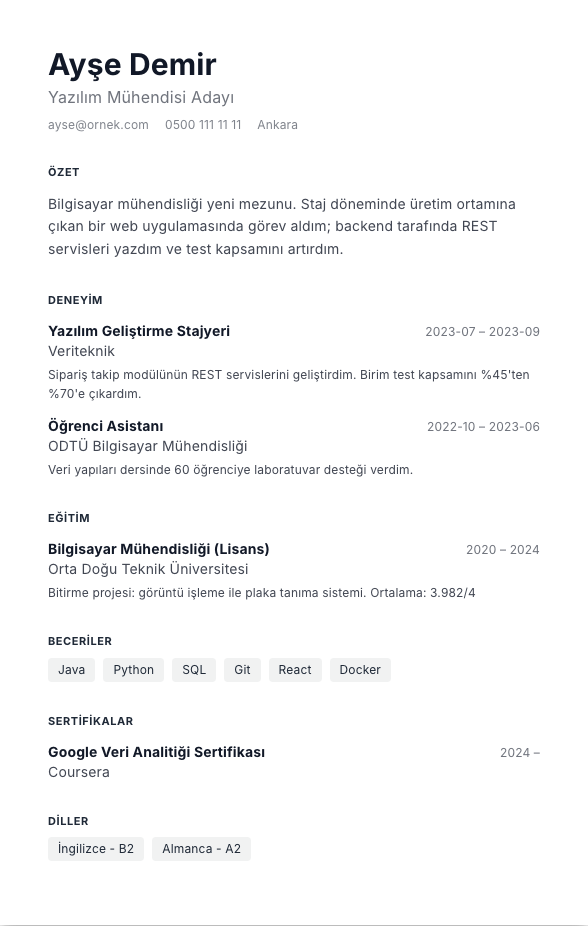 İsviçre Izgara CV şablonu - yeni mezun CV'si örneğiyle