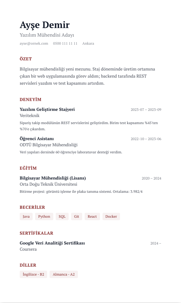Kağıt Fraunces CV şablonu - yeni mezun CV'si örneğiyle