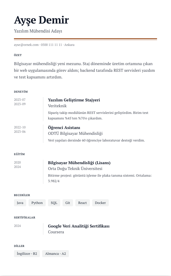Kapak Dosyası CV şablonu - yeni mezun CV'si örneğiyle