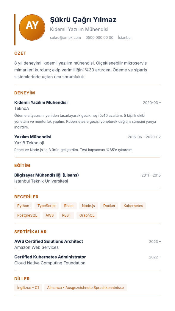 Klasik TR CV şablonu - alternatif vurgu rengiyle