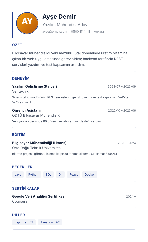 Klasik TR CV şablonu - yeni mezun CV'si örneğiyle
