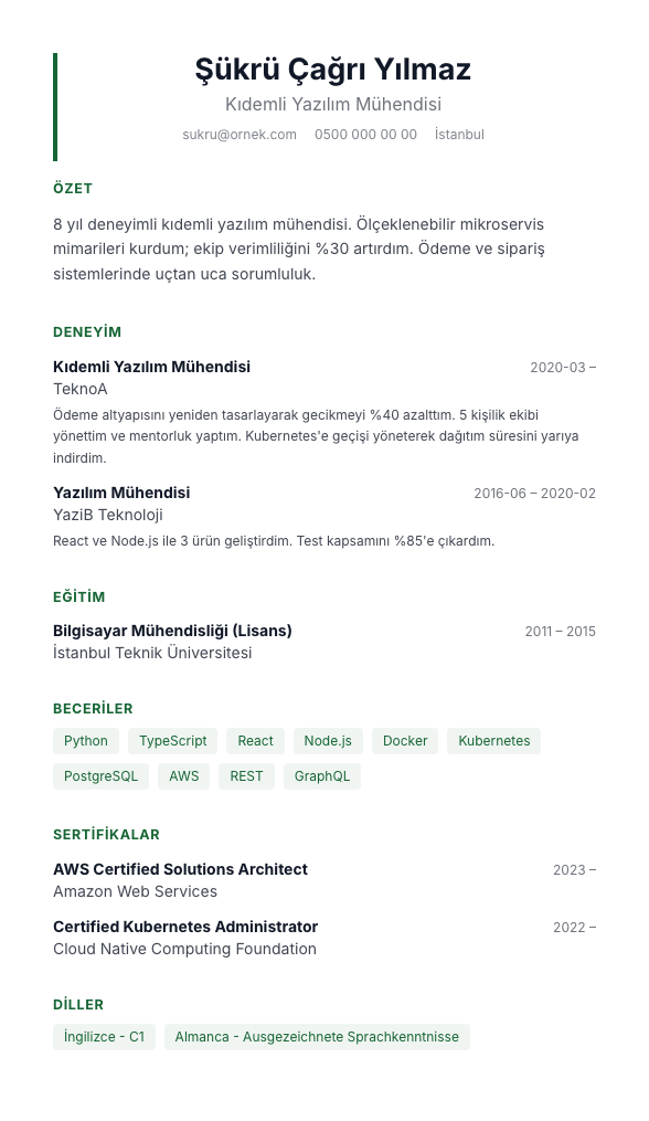 Klinik Sakin CV şablonu - fotoğrafsız kullanımıyla