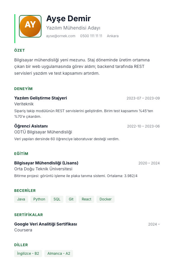 Klinik Sakin CV şablonu - yeni mezun CV'si örneğiyle
