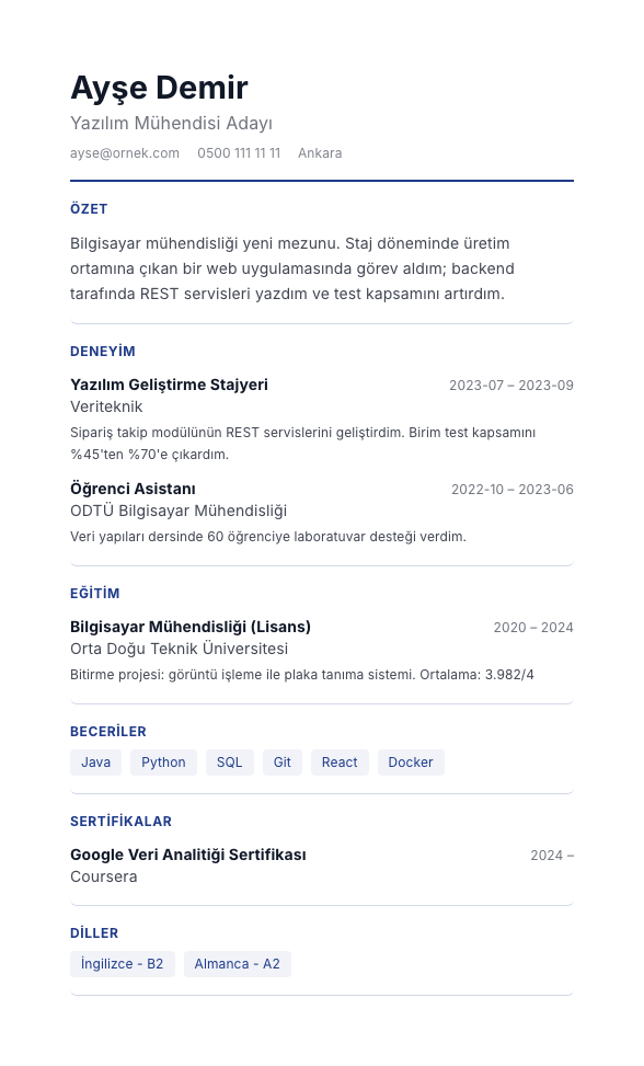 Kobalt Hat CV şablonu - yeni mezun CV'si örneğiyle