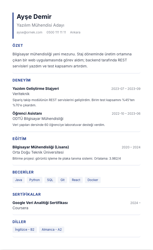Kompakt INTL CV şablonu - yeni mezun CV'si örneğiyle