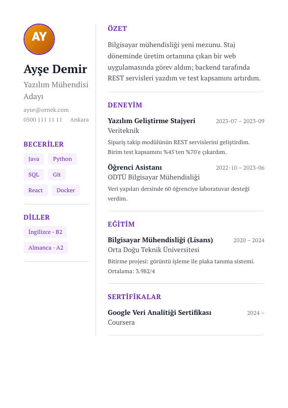 Kreatif Foto CV şablonu - yeni mezun CV'si örneğiyle