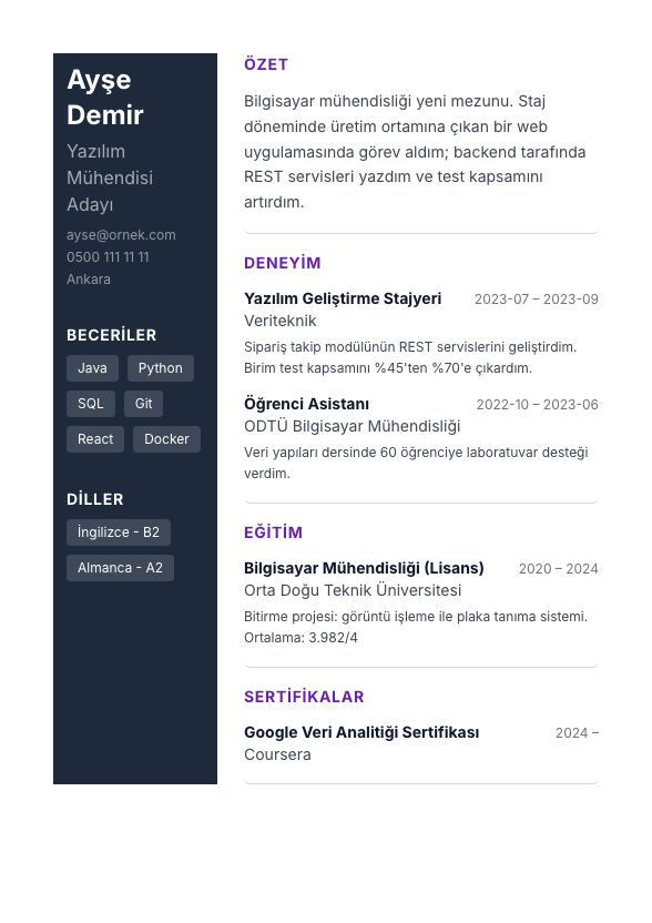 Kreatif Renkli Sidebar CV şablonu - yeni mezun CV'si örneğiyle