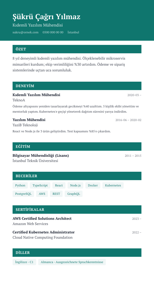 Kreatif Tek Kolon CV şablonu - alternatif vurgu rengiyle