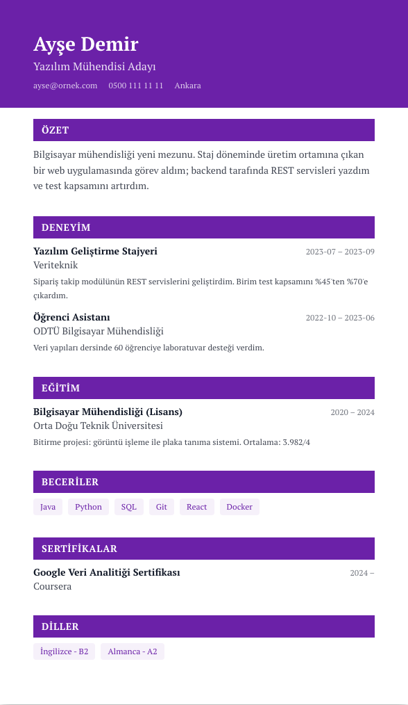 Kreatif Tek Kolon CV şablonu - yeni mezun CV'si örneğiyle